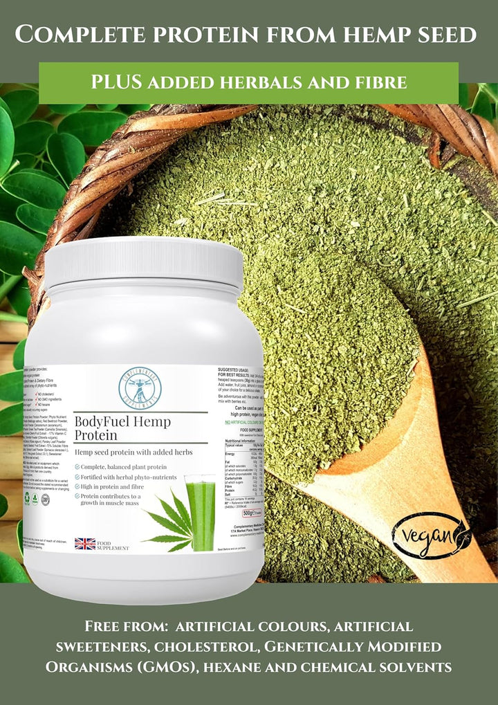 Bodyfuel Hemp Protein Powder plus 14 Superfoods & Phytonutrients – Spirulina, Chlorella, Acai Berry, Alfalfa - Non-Gmo Vegan Plant Protein Powder 500G