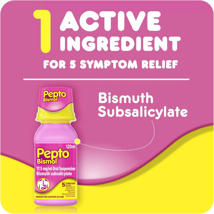 Pepto-Bismol for Nausea, Heartburn, Indigestion, Upset Stomach and Diarrhoea Relief, 5 Symptom Relief, 120Ml
