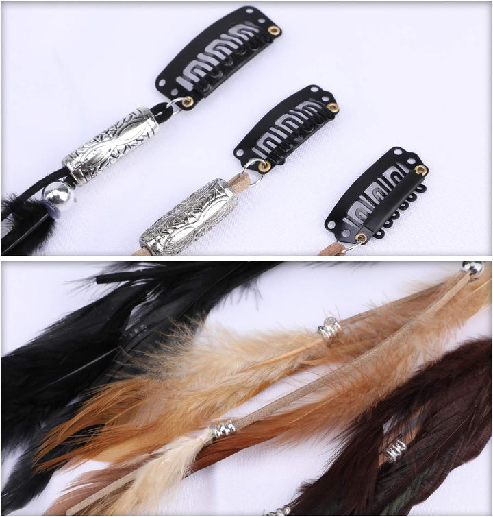 6Pcs Feather Hair Clips, Handmade Boho Hair Extensions with Clip Comb, Bohemian Hippie Hairpin Headdress Accessories, Halloween Cosplay Headwear