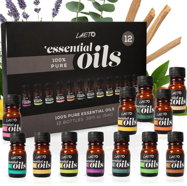 Essential Oils Set 12 X 5Ml | 100% Pure Essential Oils for Diffusers, Burners & Humidifiers | Aromatherapy Oil Gift Collection with Lavender, Peppermint, Lemon, Orange & More