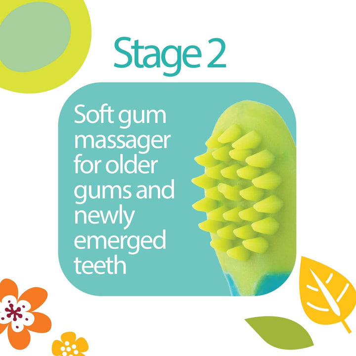 Oral Care Set with Stand; 4-Stage System with 1 Silicone Finger Massager, 2 Massaging Brushes, 1 Soft Nylon Bristle Toddler Toothbrush; 0+ Months, Blue & Aqua