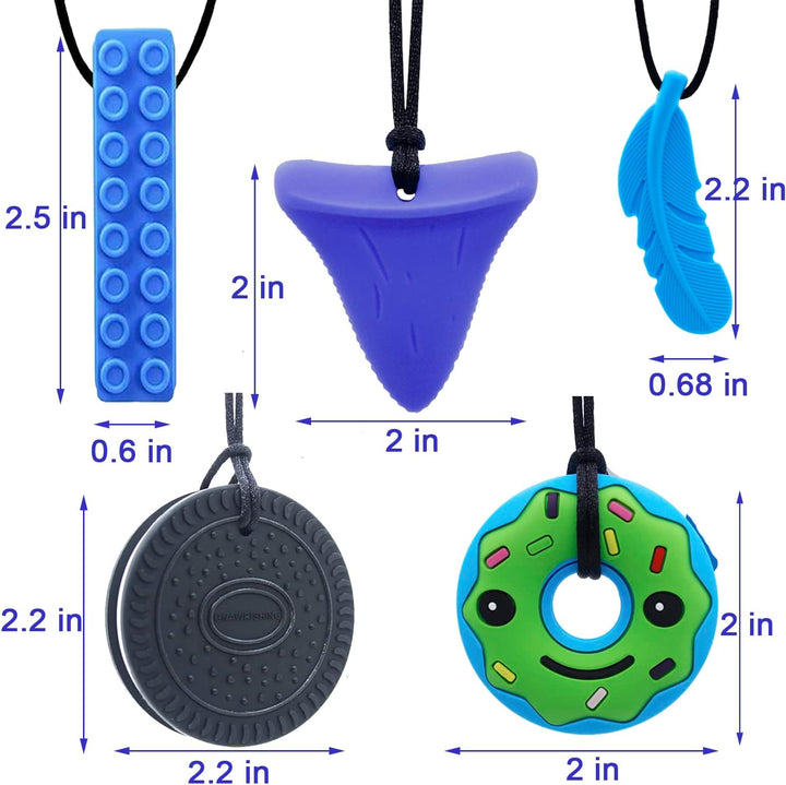 Chew Necklaces for Sensory Kids 5 Pcs Blue Sensory Chewy Toys for Autism Girls and Boys, ADHD Toddler, Adult