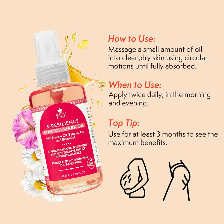 Stretch Mark Body Oil, Strengthens Skin Elasticity & Helps with the Appearance of Stretch Marks and Scars, Infused with Vitamin E, Vegan, 100Ml