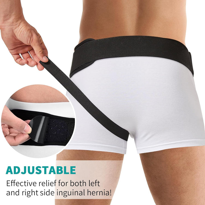 Hernia Belt Truss for Men and Women Left or Right Side Supportive Groin Pain with Removable Compression Pads for Pre or Post-Surgical, Femoral, Comfortable Adjustable (Black, L)