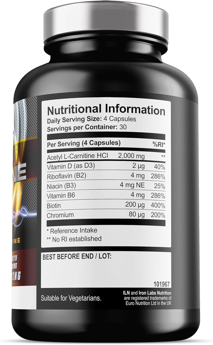 Acetyl L Carnitine Capsules - 2000Mg Acetyl L-Carnitine X 30 Servings - Carnitine plus 6 Added Nutrients (120 Vegetarian Capsules)