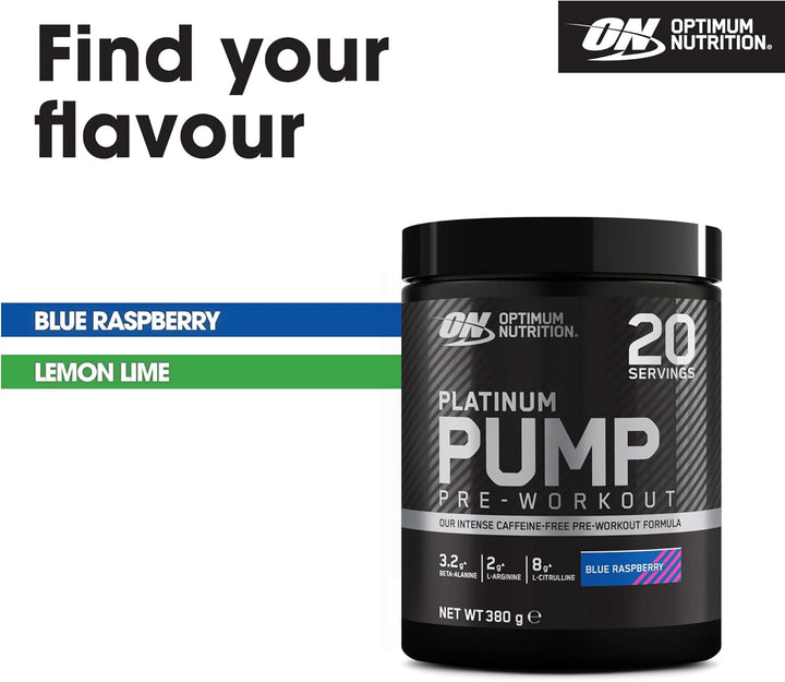 on Platinum Pump Pre-Workout, Intense Caffeine-Free Pre-Workout Food Supplement with Fruitflow, Beta-Alanine, L-Arginine, L-Citrulline, Blue Raspberry Flavour, 20 Servings, 380 G