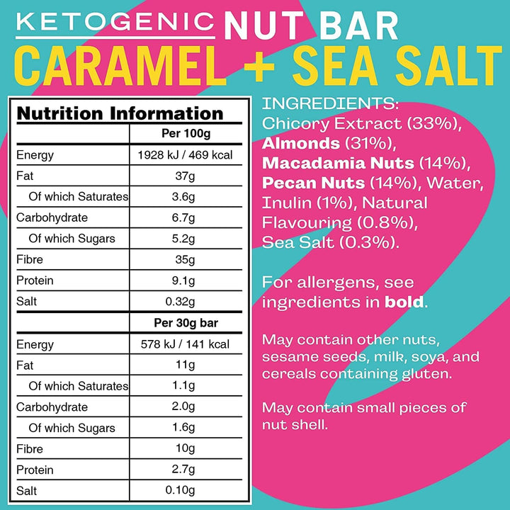 Keto Bars - Caramel & Sea Salt - 4 X 30G - 2G Carbs - 100% Natural - Low Carb, Low Sugar, High Prebiotic Fibre, Vegan & Sweetener Free - bar