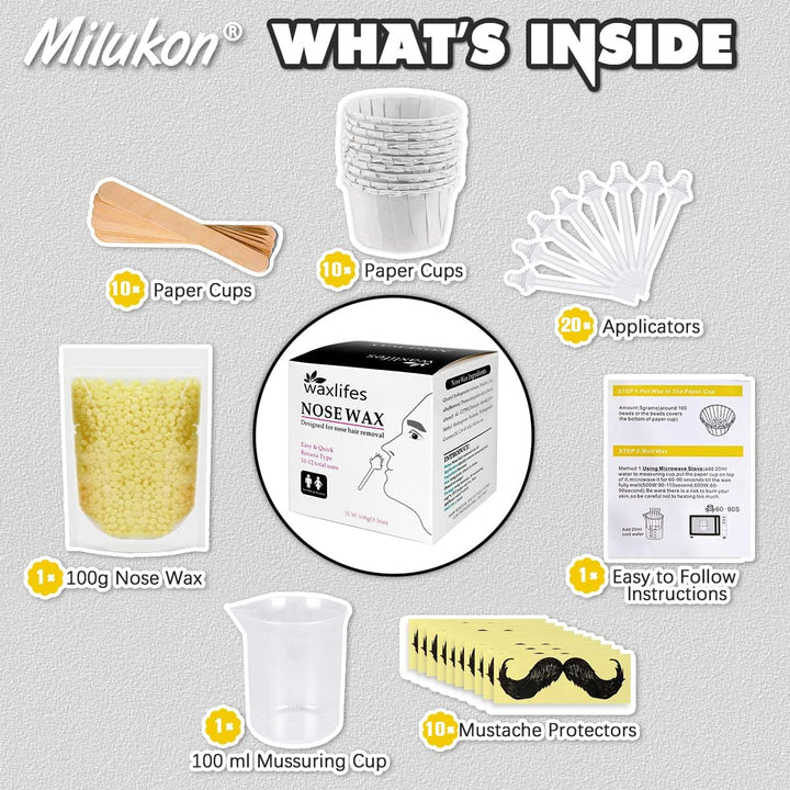 Nose Wax Kit for Men and Women, Nose Hair Removal Wax with 100G Nasal Hair Wax 20 Safe Tip Applicator, 10 Wooden Applicators,10 Containers and 10Moustache Stencils as a Christmas Gifts