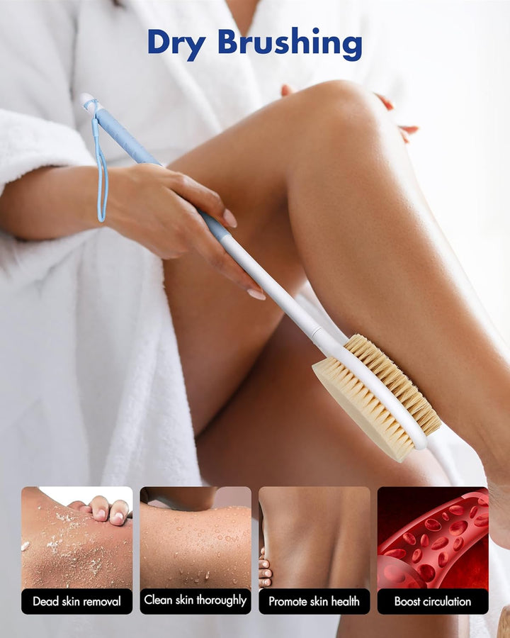 Back Scrubber Body Shower Brush: anti Slip Long Handle Bath Brush with Stiff and Soft Bristles - Showering Exfoliator Wet or Dry Brushing for Women, Men, Elderly (Blue)