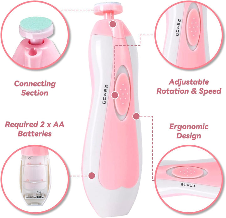 Baby Nail Trimmer, 8 in 1 Baby Nail Clippers Electric, Electric Nail File Baby with Light, Baby Nail Care Kit with 6 Grinding Heads for All Ages