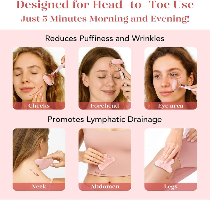 Gua Sha & Jade Roller,Guasha Tool Face, Self Care Gift for Women and Men, Massager for Face, Eyes, Neck Care, Skin Care Gifts - Rose Quartz