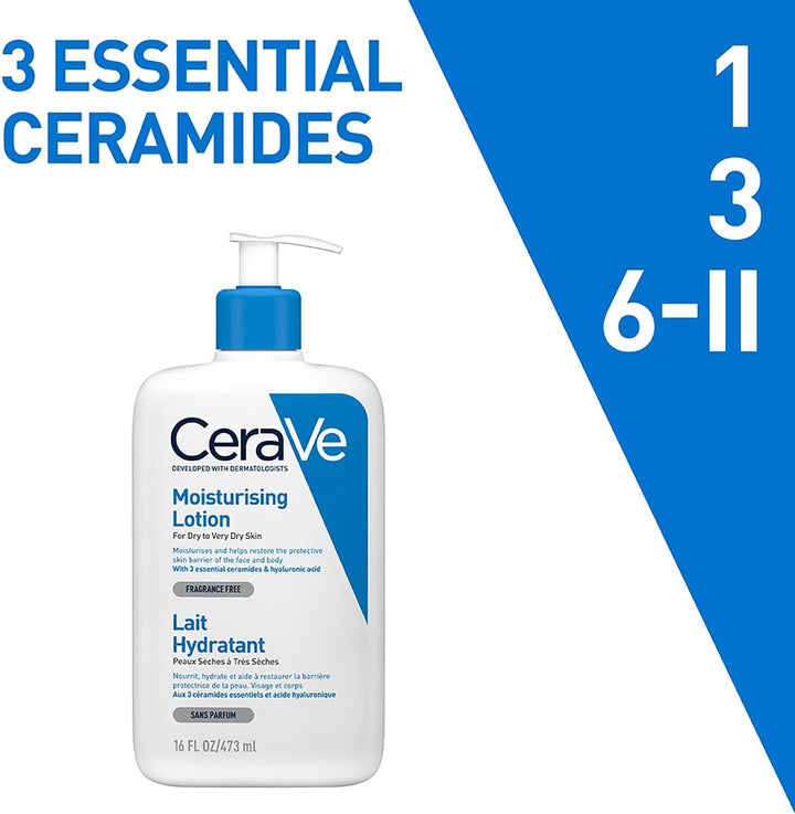 Moisturising Lotion, Daily Face & Body Moisturiser, with 3 Essential Ceramides & Hyaluronic Acid, for Dry to Very Dry Skin, 473 Ml/16 Oz