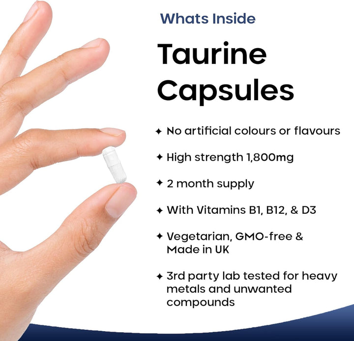 Taurine Supplement - High Strength 1800Mg Capsules Enriched with Vitamins B1, B12 & Vitamin D3-120 Amino Acids Capsules - Vegetarian Made in the UK by New Leaf