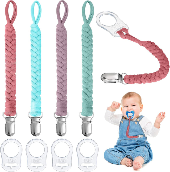 Dummy Clips Baby Pacifier Chain, 4 Pcs Baby Dummy Pacifier Chain with 4Pcs Clip Adapter, Silicone Ring Adapter, Soother Chain Holder Straps Teething Clips for Baby Teething Toys