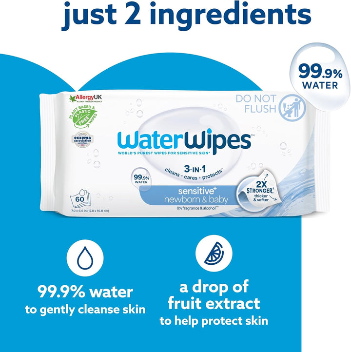 Sensitive+ Newborn & Baby Wipes, 720 Count (12 Packs), 3-In-1 Cleans, Cares, Protects, 99.9% Water, Unscented