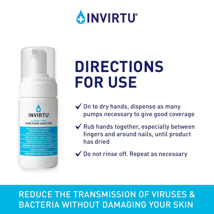 INVIRTU Alcohol Free Antibacterial Hand Sanitiser Foam (100Ml) - Kills 99.9% of Bacteria & Viruses - Great Hand Sanitiser for Travel & Festivals – Non-Scented Disinfectant - Kind to Skin