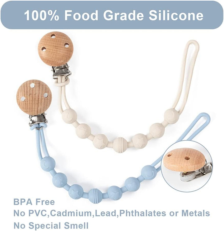 Dummy Clip, 2 Pack Silicone Dummy Clips with Wooden Design Pacifier Holder Clip, Soft Flexible Pacifier Clips for Boys and Girls (White)