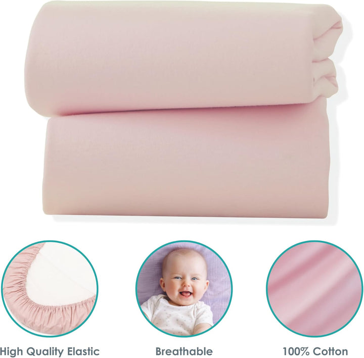 2 Pack Fitted Jersey Cotton Moses Basket Sheets 74 X 30 Cm (Pink)