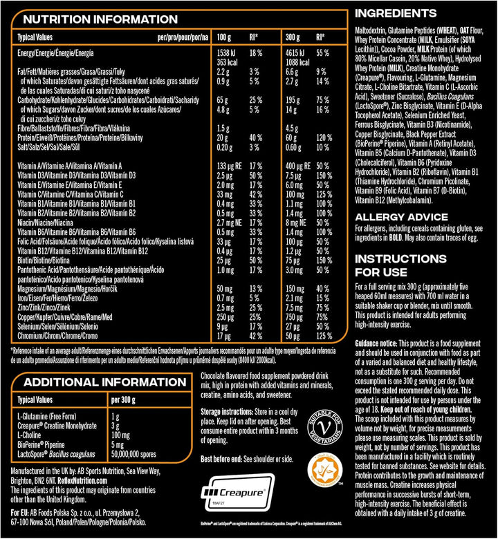 Nutrition Instant Mass Heavyweight - Mass Gainer - over 1000 Kcal per Serving, 60G Protein, Creatine - High Calorie Post Workout or before Bed Protein Shake (Chocolate Perfection, 2 Kg)