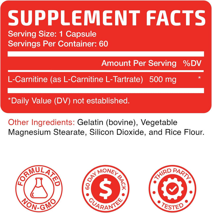 L Carnitine 1100Mg | Performance, Fitness, Energy & Metabolism Support Supplement for Men & Women | L-Carnitine L Tartrate Complex to Support Thermogenesis & Weight Management | Vitamin D | 60 Tablets