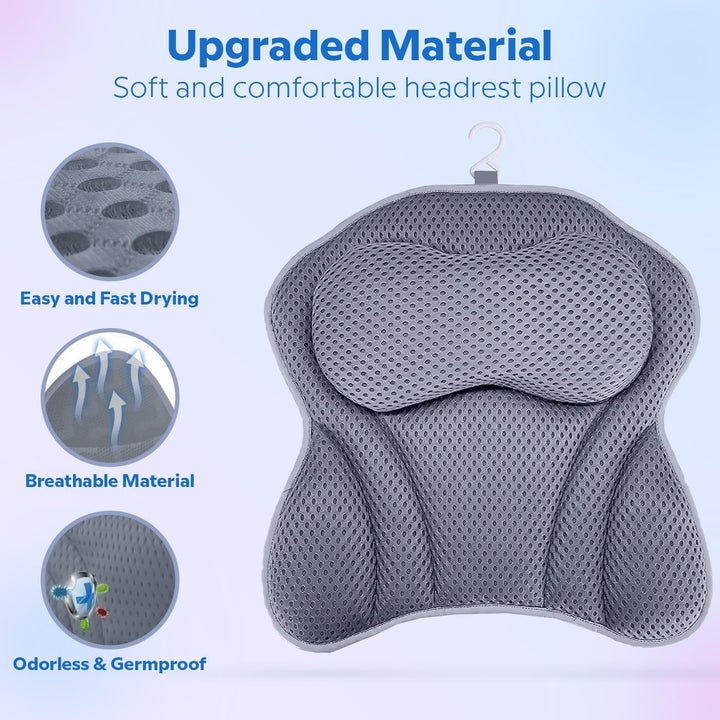 Luxury Bath Pillow, Non-Slip Comfortable Bathtub Pillow with 6 Suction Cups, Ergonomic 4D Air Mesh Headrest Cushion for Head, Shoulder, Neck and Back Support Home Spa Hot Tub Jacuzzi (Grey)
