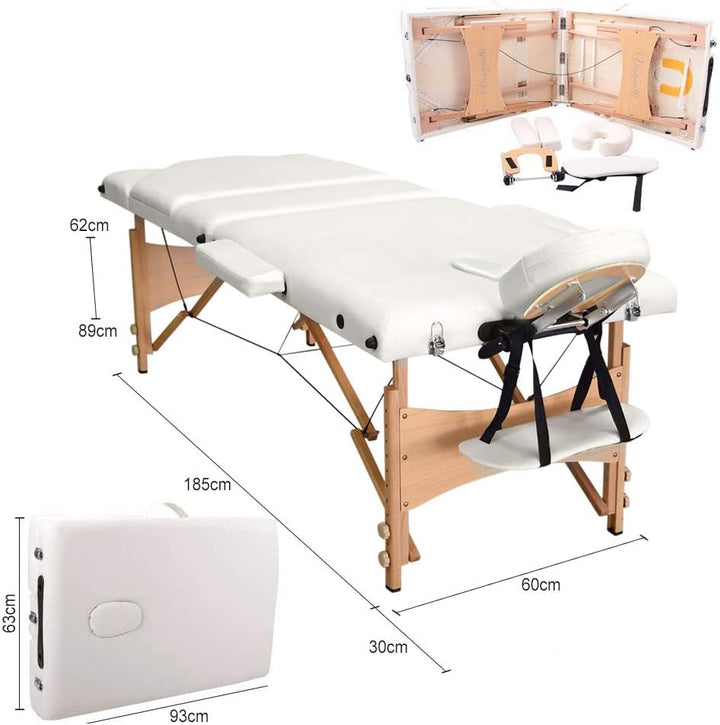 Portable Massage Bed Table - 3-Section Foldable Beauty Couch for Reiki Therapy Treatment Salon Healing - Metal Headrest Support/Carry Bag (Beige White)