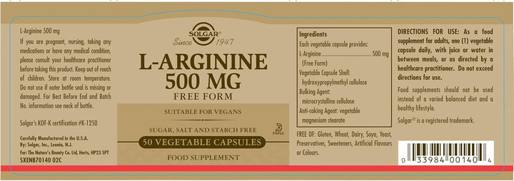 L-Arginine 500 Mg Vegetable Capsules - Pack of 50 - for a Healthy Metabolism - Ideal for Athletes - Vegan and Gluten Free
