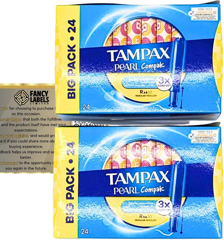 Tampons Multipack Bundle with 2X Tampax Compak Pearl Regular Tampons Applicator 24 Count - 48 Total Count - Comfort, Protection and Discretion