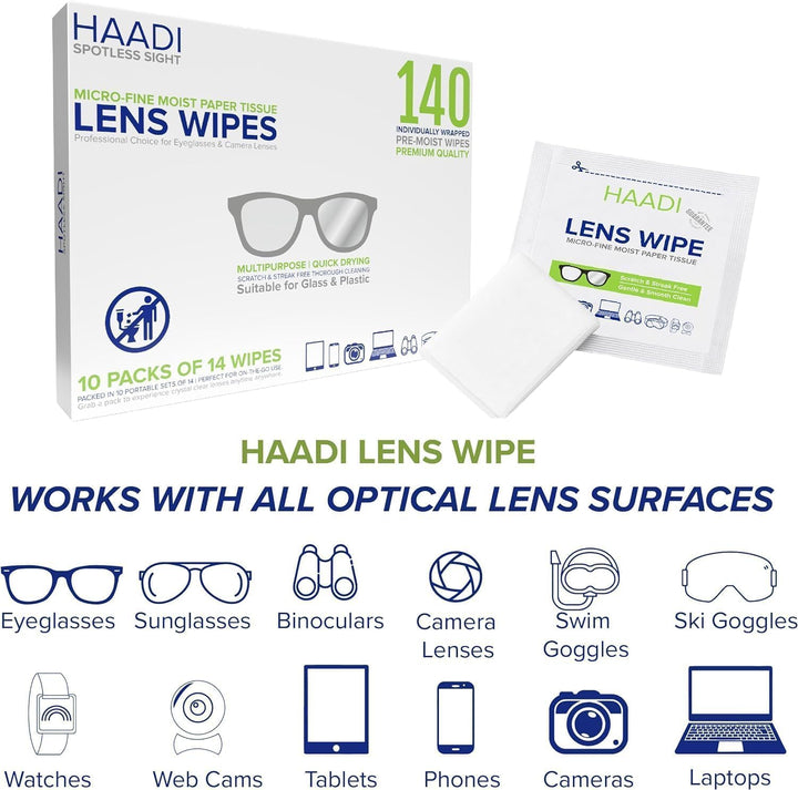 Glasses Cleaner Wipes 140 Individually Wrapped Lens Wipes Multipurpose Suitable for Spectacle Lenses, Cameras, Binoculars, Mirrors, Screens, Optical and Electronic Devices