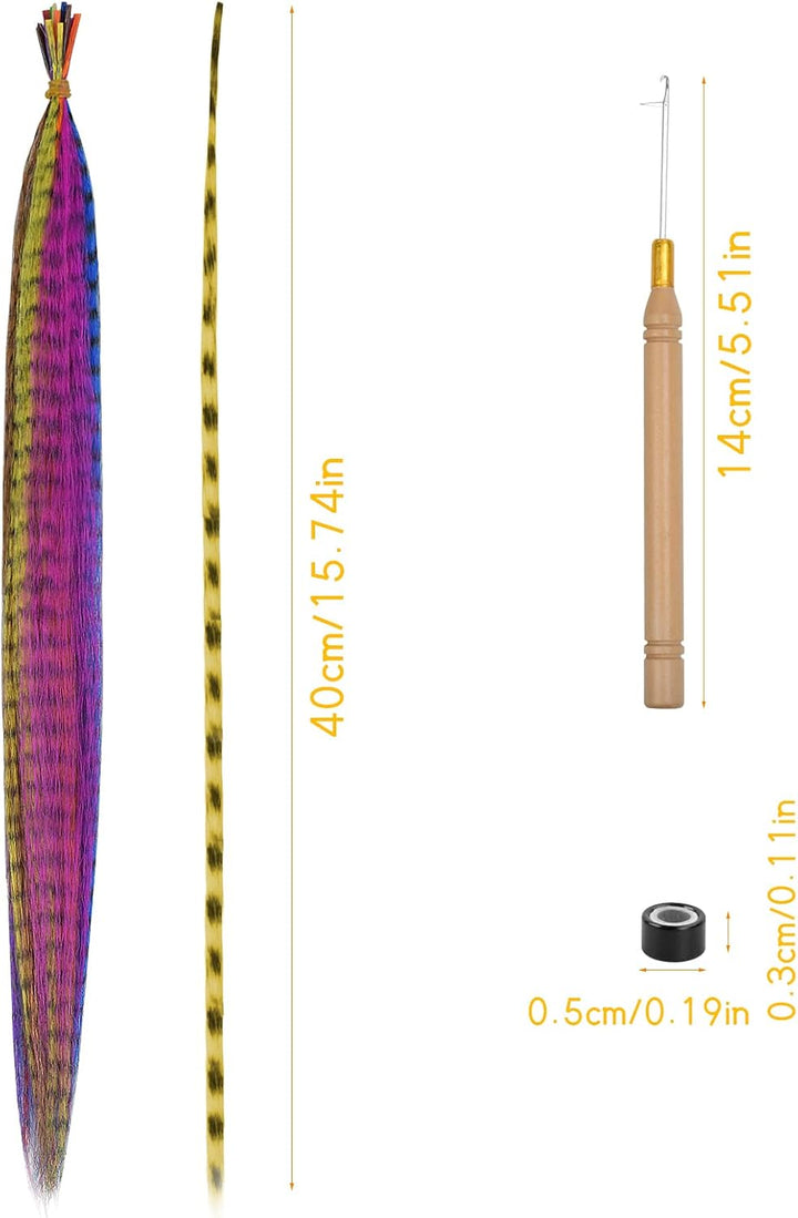 20Pcs Feather Hair Extensions, Colored Hair Extensions Kits, Colorful Hairpieces Feathers, Synthetic Hair Extension Kits with 50 Micro Beads and 1 Crochet Hook for Girls Women