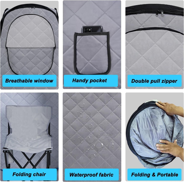 Portable Steam Sauna,Full Size Home Personal Sauna Steam Detox Room with 1000W&2.2L Steam Generator 9 Levels Remote Control, Folding Chair Waterproof Mat