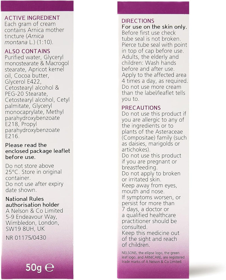 Arnicare Arnica Cream for Bruise Relief (50G), Arnica Montana Bruise Cream, for Bruises, Swelling, Knocks & Bumps, Homeopathic Medicinal Product with Natural Arnica