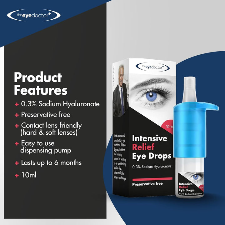 Intensive Dry Eye Drops - Preservative Free Eyedrops for Dry Eye Relief - Gently Calms Itchy, Sore & Infected Eyes - Suitable for Contact Lenses with 0.3% Sodium Hyaluronate - 10Ml