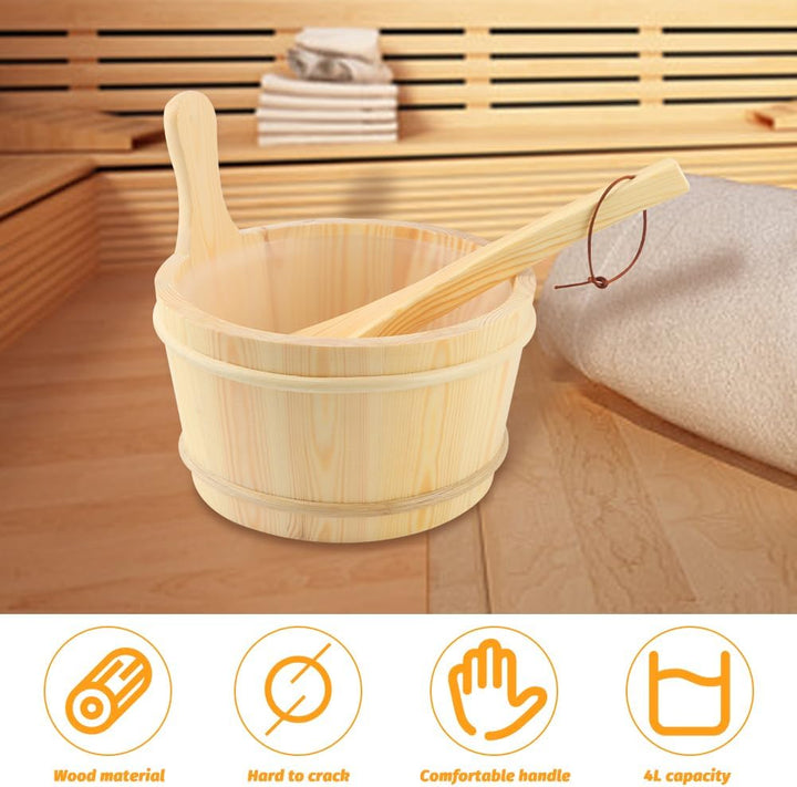 Wooden Bucket and Ladle Set,4L Capacity Sauna Water Bucket,With Handle and Plastic Insert,Wood Ladle Kit Barrel Set Accessories,For Home-Sauna/Steam Room
