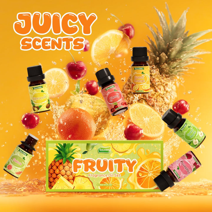Fruity Essential Oils Set 6 X 10ML, Fragrance Oil Gift Set Scented Oils for Diffuser Candle Making - Pineapple, Guava, Raspberry, Green Apple, Orange, Cherry