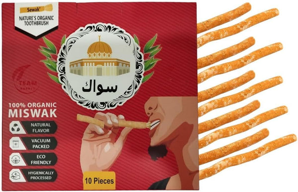 Miswak Sticks for Teeth |  Natural Toothbrush | Siwak Organic Wooden Tooth Brush Oral Teeth Whitener with Holder | Vacuum Sealed (10 Pack)