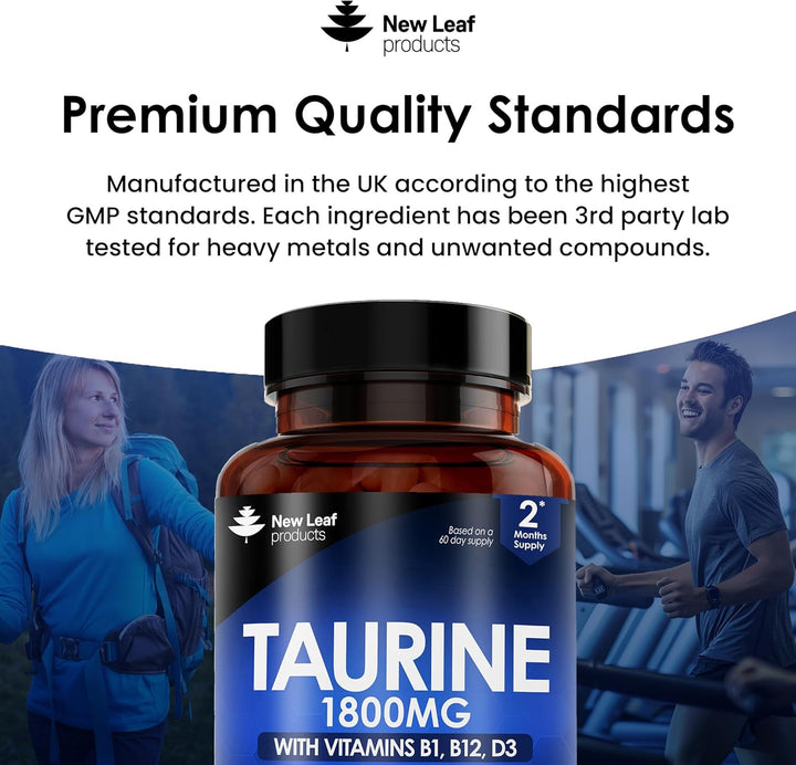 Taurine Supplement - High Strength 1800Mg Capsules Enriched with Vitamins B1, B12 & Vitamin D3-120 Amino Acids Capsules - Vegetarian Made in the UK by New Leaf