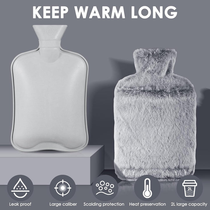 Hot Water Bottle with Luxury Cosy Faux Fur Cover,2L Leakproof Large Hot Water Bag for Neck,Shoulder,Hand Feet Warmer,Gifts for Women,Men(Grey)