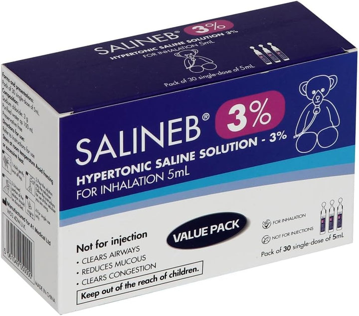 3% Hypertonic Saline Solution Vials for Inhalation Pack of 30 Single-Dose of 5Ml - Clears Airways, Reduces Mucous, Clears Congestion, Inhalation Solution