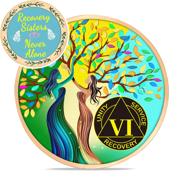 5 Year Sobriety Coin for Women, Recovery Sisters AA Medallion, Tree of Life AA Coin, 5 Year AA Chip, Sobriety Gifts for Women, Alcoholics Anonymous Anniversary Token