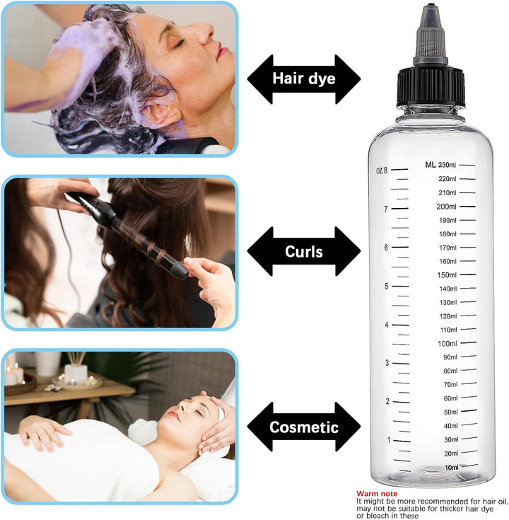 2 Pcs Hair Dye Bottle,250 ML Empty Hairs Oil Bottle for Hair Coloring, Plastic Hairs Color Bottles with Clear Graduated Scale Twist-On Top Tip Cap, Refillable Bottles for Liquid