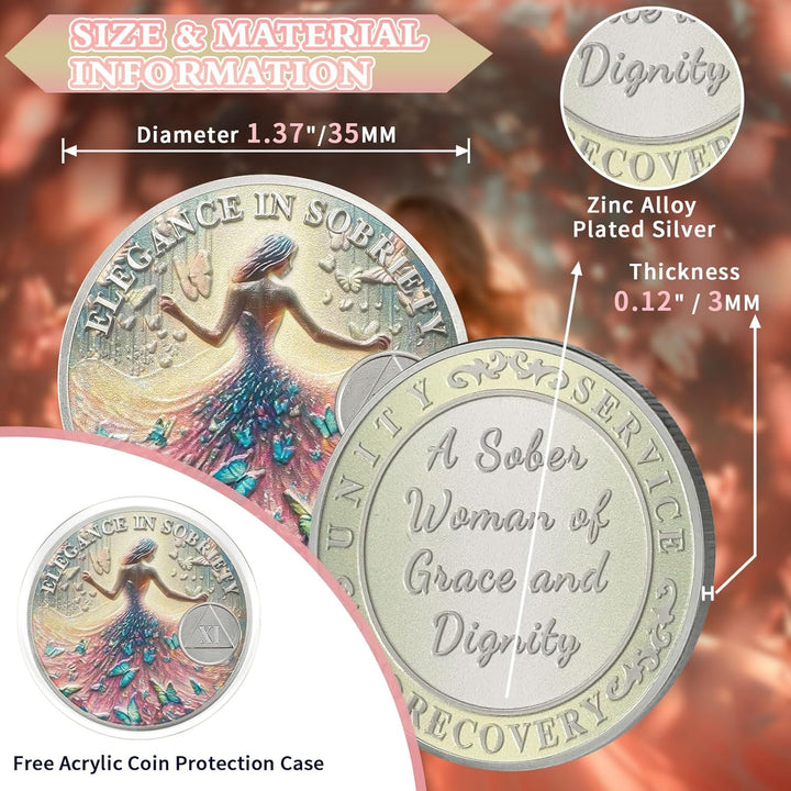 Elegant 11 Year Sobriety Coin, Butterfly Metamorphosis AA Coin - Sister Power Sober Chip for Eleven Year Addiction Recovery, Clean Living Sobriety Gift for Women