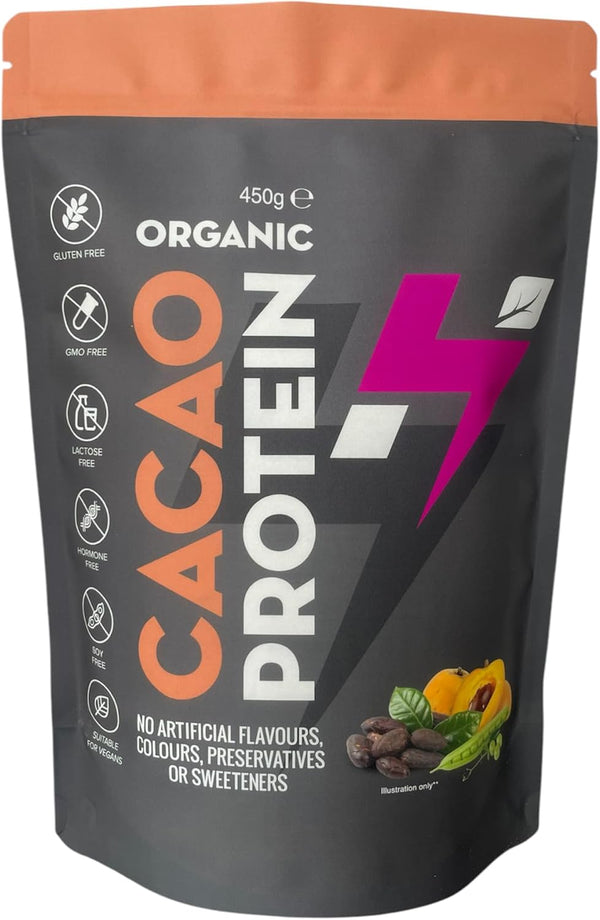 Organic Protein Powder - Cacao Vegan Protein Powder (450G - 15 Servings) Natural Powdered Ingredients, No Artificial Sweeteners, Dairy, Gluten, Soy Free, Pea Protein