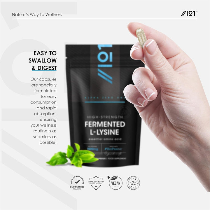 Fermented L-Lysine 1500Mg with Bioperine® - Made with Vitamin C - High Strength - 120 Vegan Capsules – Resealable and Recyclable Pouch – by