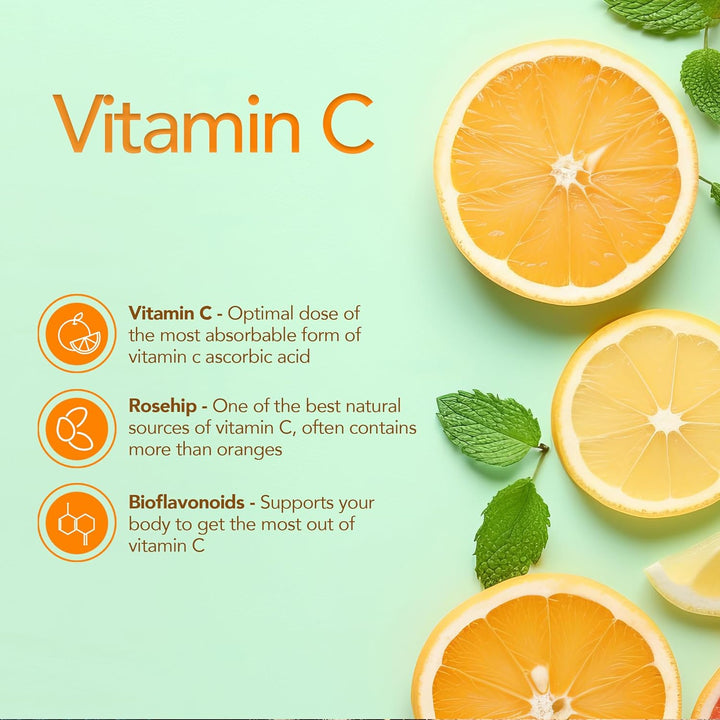 Vitamin C 1000Mg, 180 High Strength Vitamin C Tablets with Rosehip & Bioflavonoids, Vegan VIT C Supplement, Supports the Immune System and Reduction of Tiredness and Fatigue