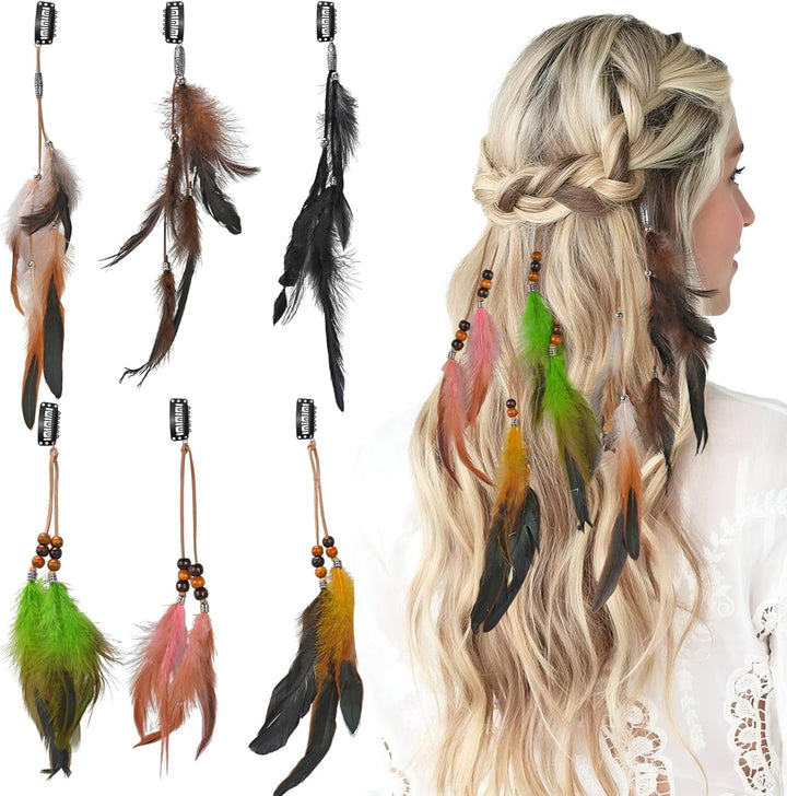 6Pcs Feather Hair Clip, Hair Feathers Extensions, Boho Hippie Festival Accessories, Handmade Hairpin Headdress for Women Girls Halloween Cosplay Costume