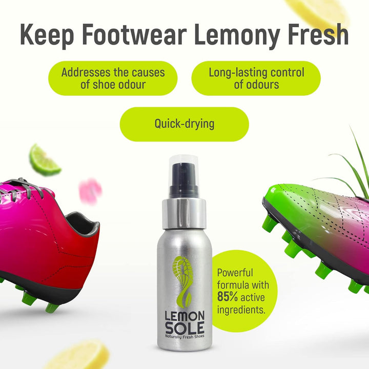 Natural Shoe Freshener & Deodoriser with 6 Powerful Essential Oils for Long-Term Odour Control, Great for Sports, Fresh Lemon Scent. Lemon Fresh Shoes Every Day.