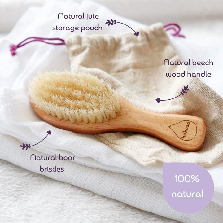 Baby - Wooden Brush, Natural Baby Hair Brush - Made with 100% Natural Boar Bristle, for Babies & Toddlers - Gentle on Delicate Hair - Comes with a Jute Bag, Plastic Free