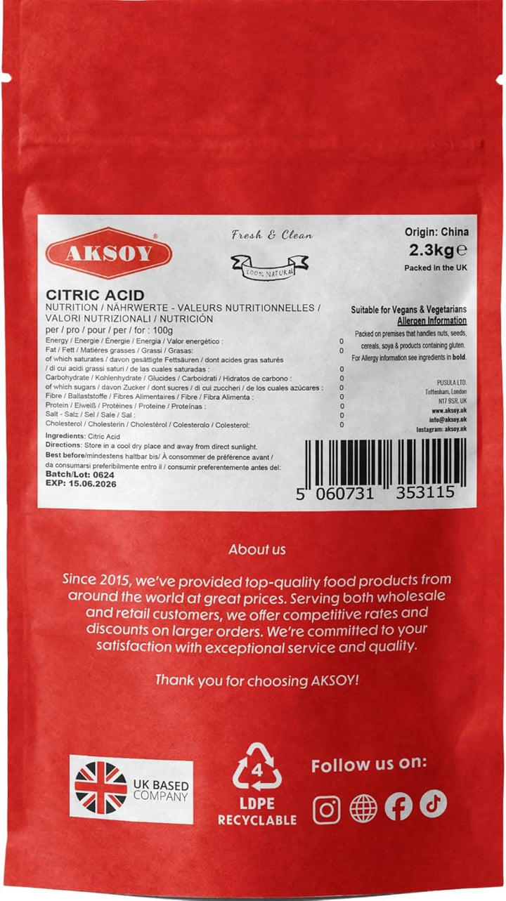 Citric Acid Food Grade 2300Gr || Non-Gmo, Anhydrous, Make Your Own Bathbomb, No Additives, Sour Drinks, Household Cleaning with Citric Acid Powder (Packaging May Vary)