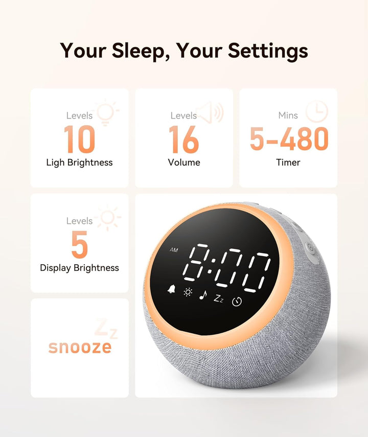 White Noise Machine - Sound Machine for Adults & Light Sleepers, Alarm Clock & Night Light, 25 Soothing Sounds, 7 Wake-Up Tones, Dimmable Display, White Pink Brown Noise for Sleep Relaxation
